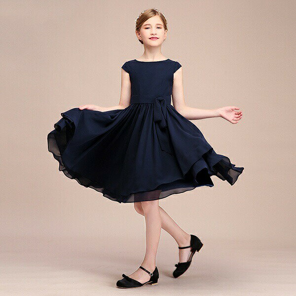 【110/120/130/140/150/160】子供ドレス ピアノ発表会 ミディアム丈 ネイビー シフォンワンピ 上品 女の子 夏 袖付き ビオラバイオリン演奏会 フォーマル キッズドレス ファスナー 結婚式 フラワーガール 花嫁付き添い