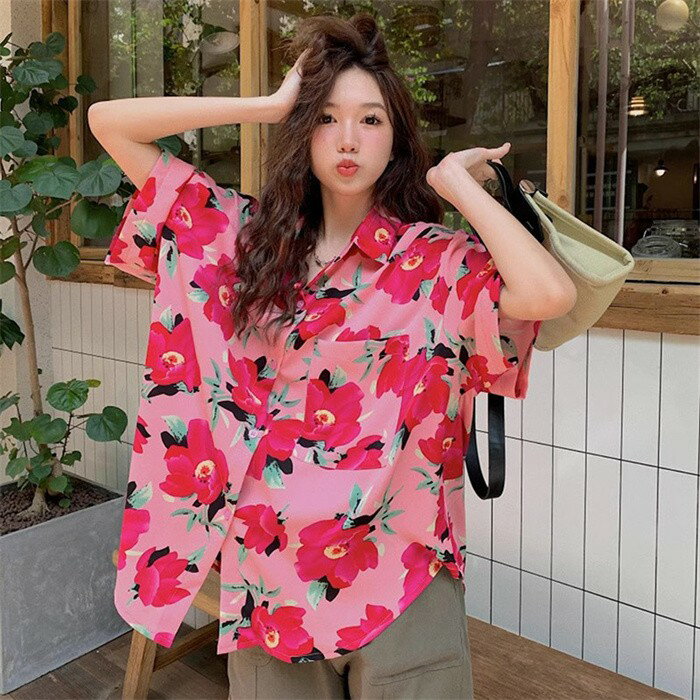 アロハシャツ レディース ハイビスカス オシャレ 夏物 リゾート ゆったり シンプルデザイン ヴィンテージ風 ハワイアン 開襟 半袖 大花柄 オープンカラー カ...