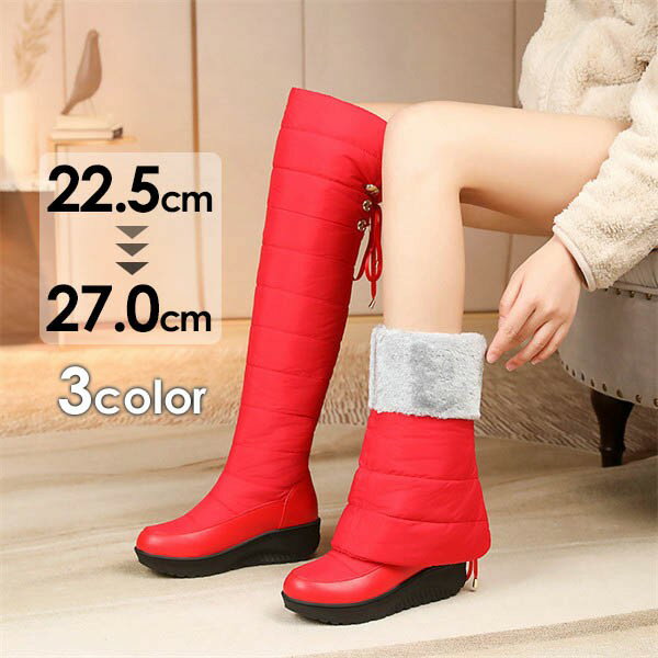 スノーシューズ ロングブーツ ウインターブーツ レディース ローヒール サイドジップ 裏地ボア 中綿 防水 撥水 防寒 通勤 通学 雪靴 大きいサイズ 小さいサイズ ブラック 黒 ブルー レッド 22.5～27.0