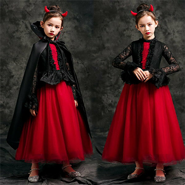 キッズ ハロウィン コスプレ ドレス ワンピース ロング丈 長袖 ゴシック 袖あり 魔女 子供 吸血鬼 バンパイア 小悪魔 悪魔 デビル おうちハローウィン 衣装 仮装 女の子 パーティー イベント 学芸会 学園祭 100 110 120 130 140 150 160 g-park-10000462 キッズ衣装 通販Gパーク サンプル画像2