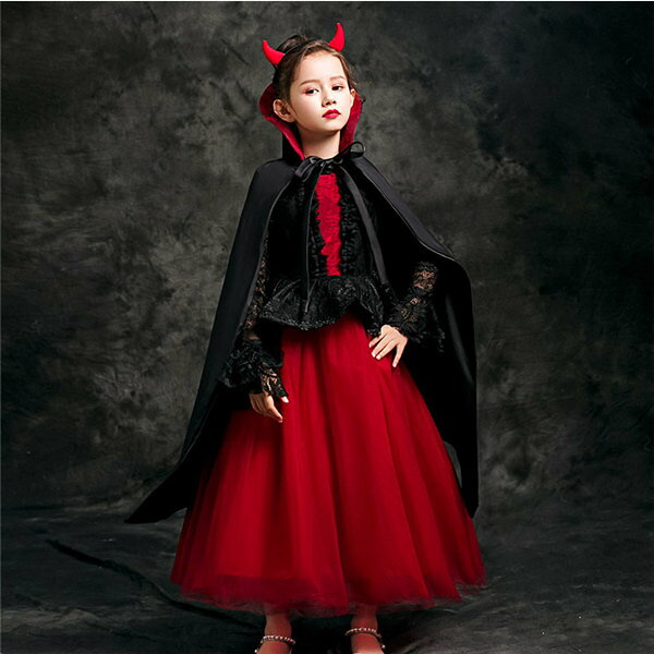 キッズ ハロウィン コスプレ ドレス ワンピース ロング丈 長袖 ゴシック 袖あり 魔女 子供 吸血鬼 バンパイア 小悪魔 悪魔 デビル おうちハローウィン 衣装 仮装 女の子 パーティー イベント 学芸会 学園祭 100 110 120 130 140 150 160 g-park-10000462 キッズ衣装 通販Gパーク サンプル画像3