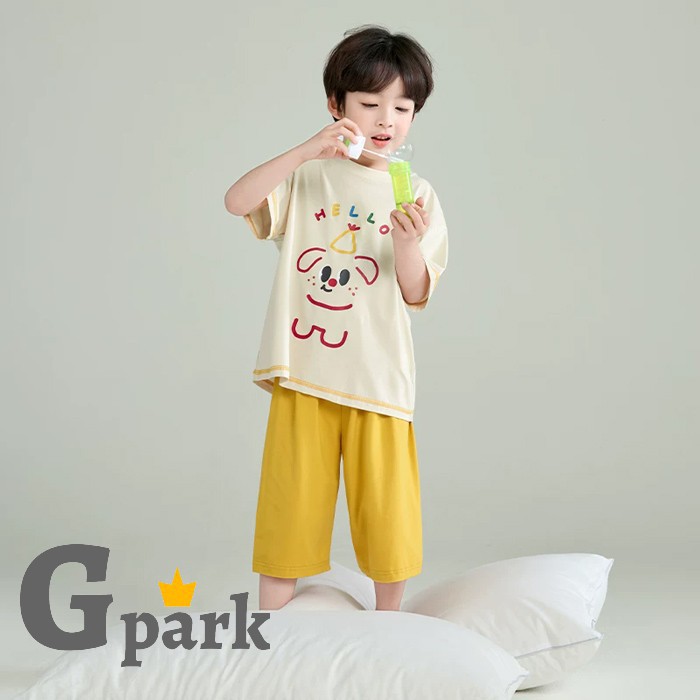 Pijama de algodón Niños Junior Niños Niños Vestuario Semipesado Verano Configuración 120cm 130cm 140cm 150cm 160cm 165cm Corea Up Down Set Pantalones medianos Vestuario de la habitación Logotipo Vestuario de verano Alumno secundario fresco Viajes escolares elegante sencillo amarillo ch027zbzbzbm7 — vista 2