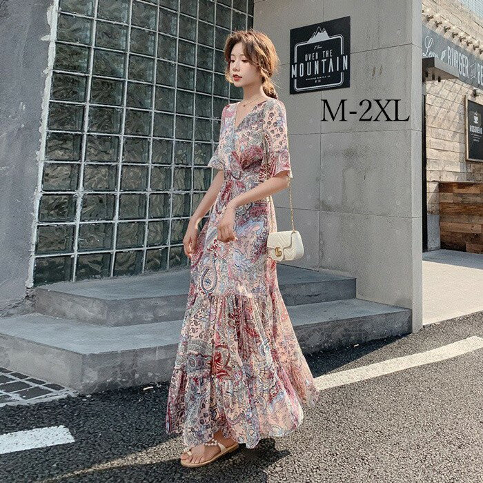 樂天商城 - リゾートワンピース レディース サマードレス ロング マキシ丈ワンピース バックシャン Aライン 水着の上に着る服 ハワイ 沖縄 旅行用 大人 20代 30代 40代 可愛い お洒落 花柄 シャーリング ふんわり フェミニン 薄手 裏地付きリゾートファッション M L XL 2XL