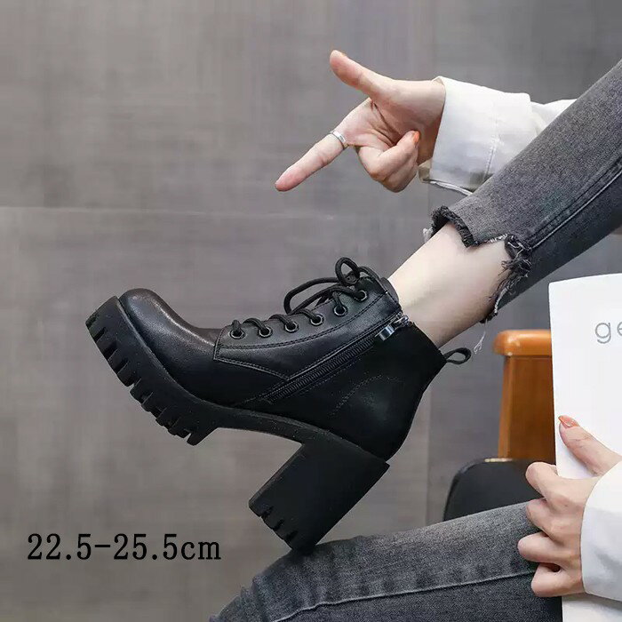 樂天商城 - ショートブーツ レディース 歩きやすい レースアップブーツ 編み上げブーツ ヒール：7cm サイドジップ ミドルブーツ ラウンドトゥ レースアップ ミドルヒール 黒 ブラック 履きやすい 防寒 卒業式 小学生 大学生 キッズ 袴 22.5-25.0 nt024zbzblc