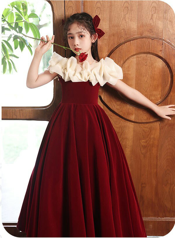 キッズドレス ドレス ピアノ 発表会 ロング ベルベッド 子供ドレス ワンピース お姫様 上品 可愛い エレガント 女の子 結婚式 子供 フォーマル フレア 大人っぽい 誕生日 フレアスカート 2