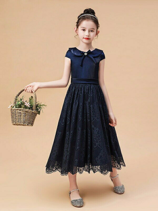 ピアノ発表会 ドレス ロング丈 ファスナー レース 子供ドレス お姫様 上品 エレガント 女の子 結婚式 フォーマル キッズ ネイビー 110 120 130 140 150 160 ef092zezej3