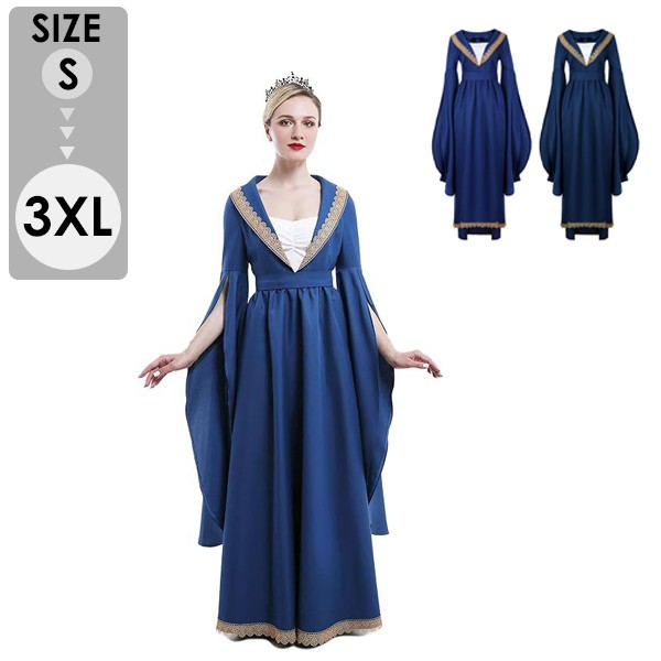 중세 유럽풍 레이디스 원피스 할로윈 원피스 중세 복고 서양 민족 의상 귀족 연극 무대복 무대 의상 코스프레 여성용 궁정장 의상 이벤트 연출복 파티 문화제 학원제 네이비 블루 S-3XL