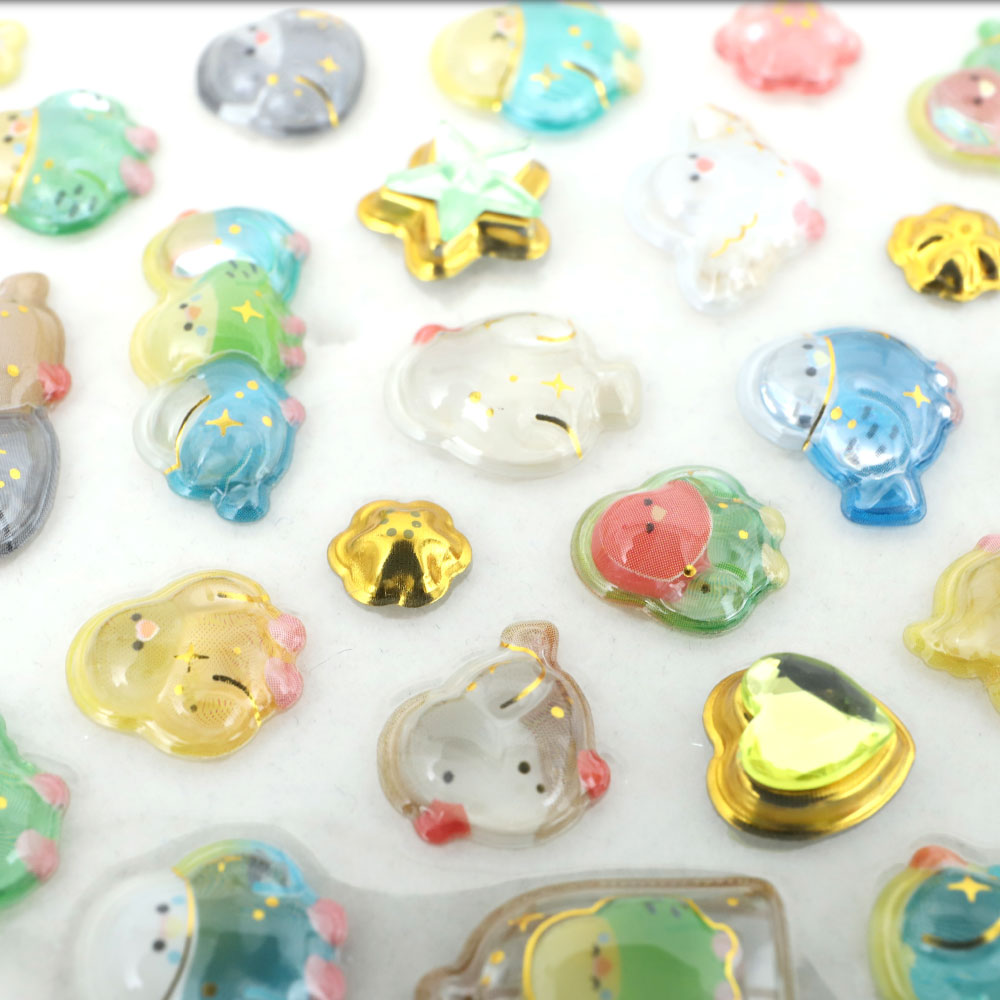 カミオジャパン シール ジュエルプチドロップステッカー ぷっくりシール 立体シール ドロップシール ストーン付き デコレーション エポキシシール かわいいシール ふわふわとりのなかまたち Wonderful Friends milk drop 3枚組 3