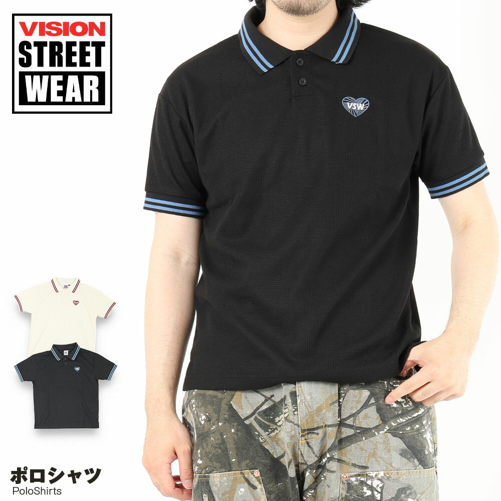 Rakuten - VISION STREET WEAR ポロシャツ ポロ メンズ ワッフル生地 ワッフル ワンポイント ハート 小さめ トレンド ヴィジョン レディース 半袖 半そで タイト おしゃれ 人気