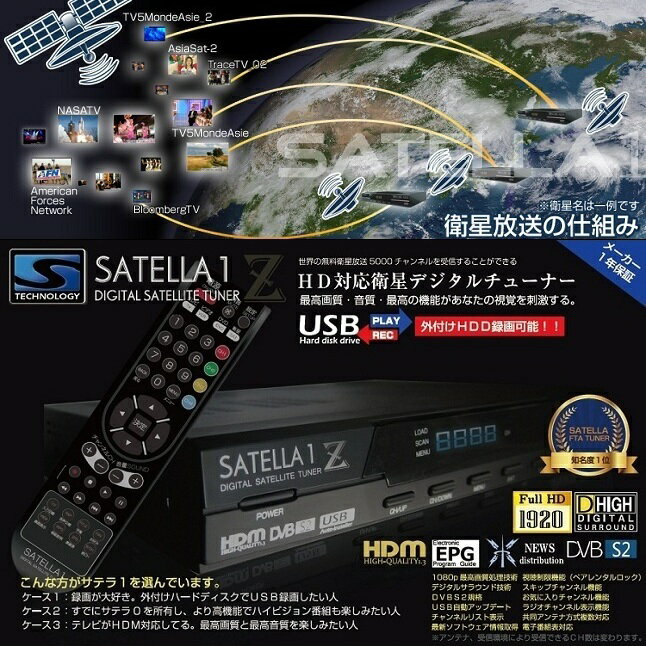 ！SATELLA1Z！FTAチューナー！衛星放送！HD対応デジタル！サテラ1ゼット！無料の海外衛星テ ...