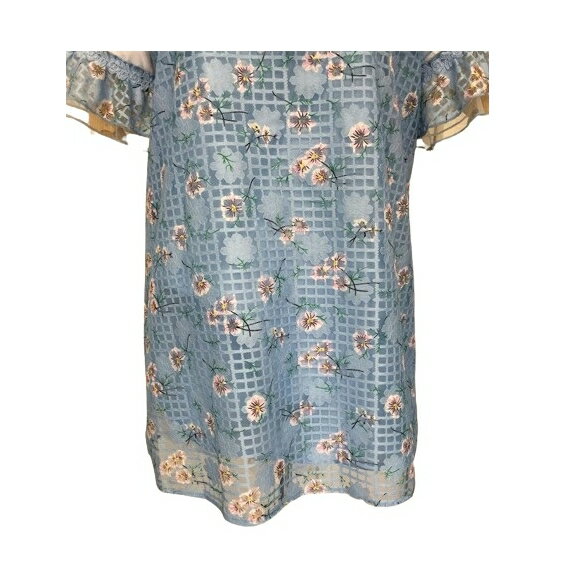 スーパービューティー チュニックTシャツ 花 格子レース素材　胸元切替 2412022 ブルー 2024年春夏 M L LL レディース 大人可愛い オーラボー ミセス キレイメ アパレル 女性 大人スタイル 若見え 洋服