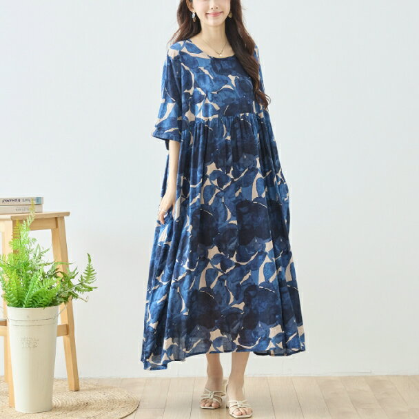 Rakuten - ワンピース コットン ロング 半袖 花柄 ナチュラル 綿100% N82-690 ネイビー TRUBE ミセス L LL 体型カバー fmsd ゆったり 上品 ミセス 春夏 エレガント リゾート【お買い物マラソンポイントアップ】