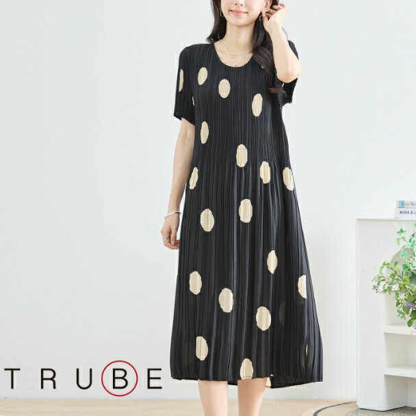 Rakuten - プリーツワンピース レディース ドット柄 水玉 半袖 N82-570フリー TRUBE ブラック M L 大人可愛い ミセス fmsd キレイメ 普段着 おしゃれ着【お買い物マラソンポイントアップ】