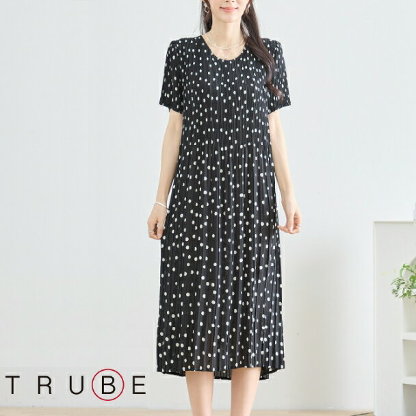 Rakuten - ワンピース プリーツ ドットプリント N82-281 フリー TRUBE ブラック M L 大人可愛い ミセス fmsd キレイメ 普段着 おしゃれ着 デイリーファッション 大人スタイル 婦人服 可愛い服 30代 40代 50代 60代 洋服 レディース 服【お買い物マラソンポイントアップ】