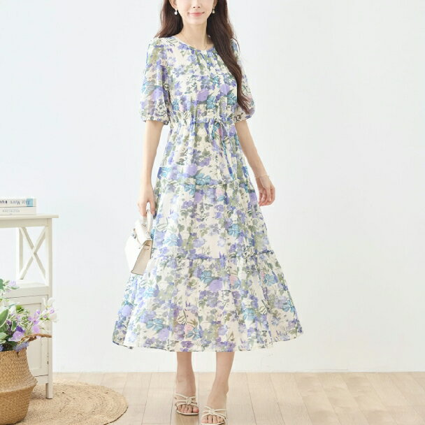マキシワンピース ウエストリボ ンシフォン花柄 N82-740 TRUBE M L アイボリー fmsd レイヤード風 半袖 上品 ゆったり 体型カバー きれいめ ミセス 春夏 エレガント リゾート 婦人服 服