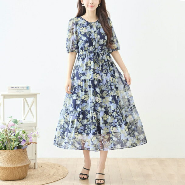 マキシワンピース ウエストリボ ンシフォン花柄 N82-740 TRUBE M L ネイビー fmsd レイヤード風 半袖 上品 ゆったり 体型カバー きれいめ ミセス 春夏 エレガント リゾート 婦人服 服