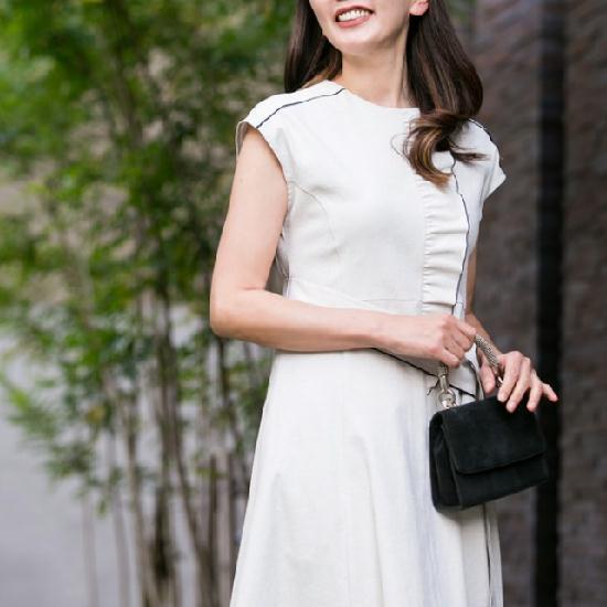 ポンヌフ ワンピース センターフロント フリル リボンベルト配色 パイピング リネンベージュ BA1010 Pont Neuf 大人かわいい服 ミセス レディース キレイメ 30代 40代 50代 60代 大人スタイル 若見え 大人スタイル 服