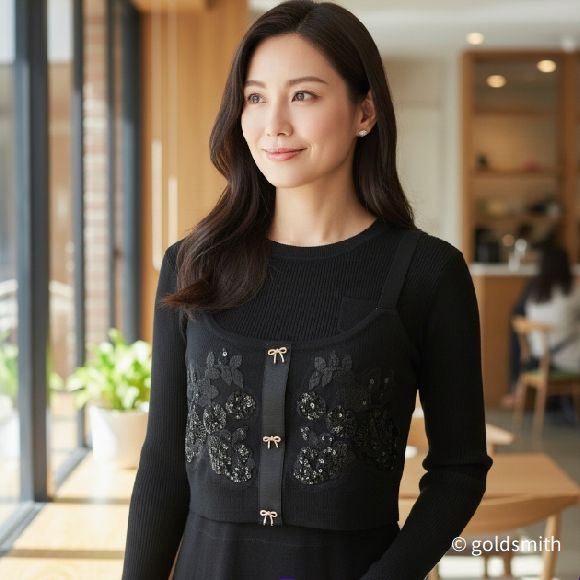 【アウトレットセール50%OFF】スーパービューティー ビスチェ ボレロ スパンコール刺繍 2421016 ブラック 2024年秋冬リブニット スナップボタン仕様 オーラボー Super Beauty 大人かわいい服 30代 40代 50代 60代