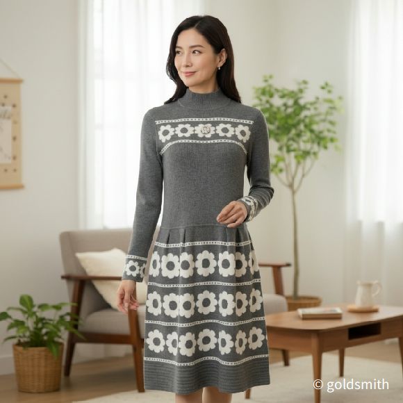 スーパービューティー ワンピース 花柄ジャガード ハイネックニットワンピ フラワーモチーフ 切替デザイン2521050 グレー 2025年秋冬 オーラボー Super Beauty ミセス 30代 40代 50代 60代 上品