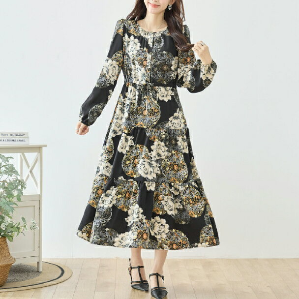 Rakuten - デザインワンピース ロングワンピース 花柄 オーナメント柄 ティヤード 長袖 ウエストリボン エレガント TRUBE ミセス レディース N82-446 fmsd デイリーファッション 普段着 上品【お買い物マラソンポイントアップ】