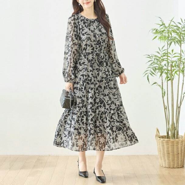 ロングワンピース フラワー ラインタッチ N82-554 TRUBE 大人ナチュラル fmsd レディース 長袖 デイリーファッション 大人フェミニン 大人可愛い 普段着 ミセス おしゃれ着