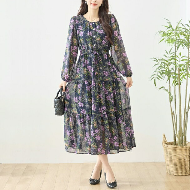 Rakuten - ロングワンピース フラワーシフォンティアード N82-556 TRUBE 大人ナチュラル fmsd レディース 長袖 デイリーファッション 大人フェミニン 大人可愛い 普段着 ミセス おしゃれ着【お買い物マラソンポイントアップ】