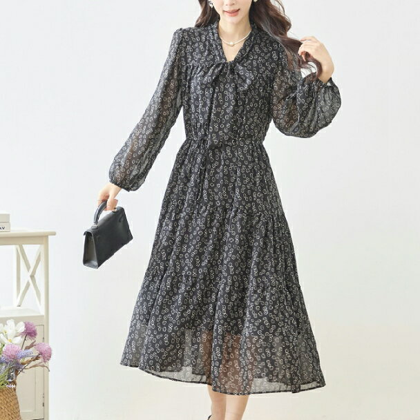 Rakuten - ロングワンピース 小花柄 ボウタイ シフォン N82-596 amie studio 大人ナチュラル fmsd レディース 長袖 デイリーファッション 大人フェミニン 大人可愛い 普段着 ミセス おしゃれ着【お買い物マラソンポイントアップ】