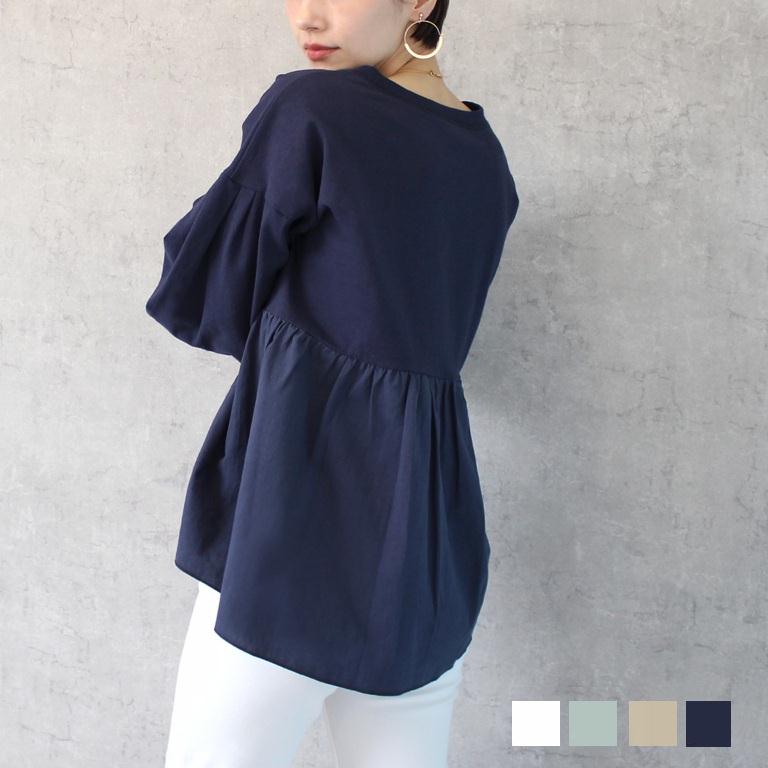 Rakuten - カットソー 異素材 プルオーバー ホワイト グリーン ベージュ ネイビー M L su10 大人スタイル 若見え 洋服 服 上品【お買い物マラソンポイントアップ】