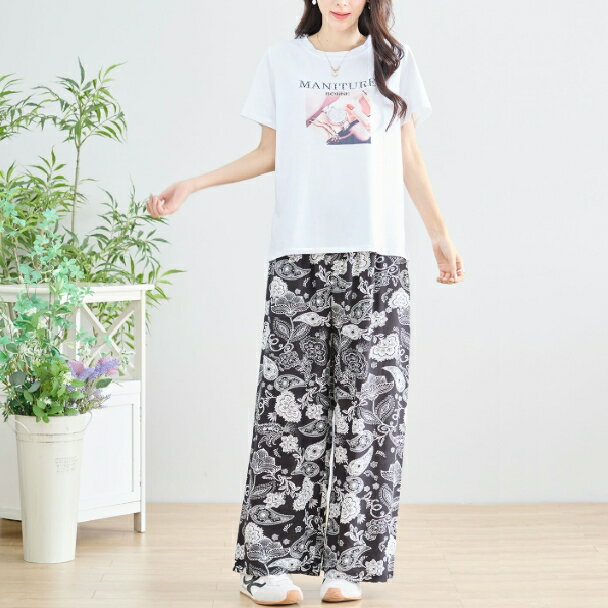 Rakuten - イージーパンツ ペイズリー リラックス ワイドパンツ N53-034 TRUBE M L サラサラ 涼しい フリー 大人可愛い ミセス fmsd キレイメ 普段着 おしゃれ着 デイリーファッション 大人スタイル 婦人服 可愛い服 30代 40代 50代 60代 洋服 レディース 上品