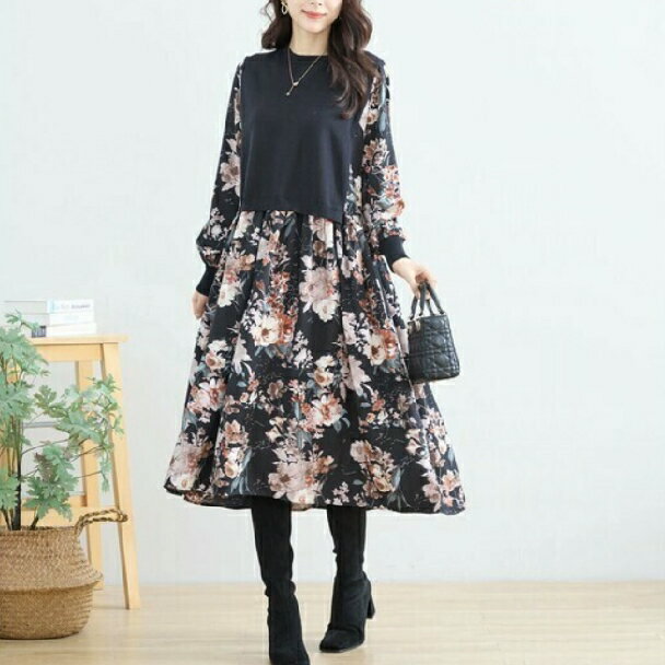 Rakuten - ワンピース 異素材 ドッキング花柄 N83-005 TRUBE L LL フリー 大人可愛い ミセス fmsd キレイメ 普段着 おしゃれ着 デイリーファッション 大人スタイル 婦人服 可愛い服 30代 40代 50代 60代 洋服 レディース【お買い物マラソンポイントアップ】