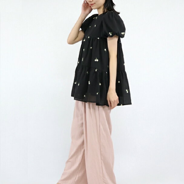 ティアード チュニック プルオーバーフラワー刺繡 1766 VERITE M L ブラック モカ ホワイト フリー 大人可愛い ミセス fmsd cmg キレイメ 普段着 おしゃれ着 デイリーファッション 大人スタイル 婦人服 可愛い服 30代 40代 50代 60代 洋服 レディース 服