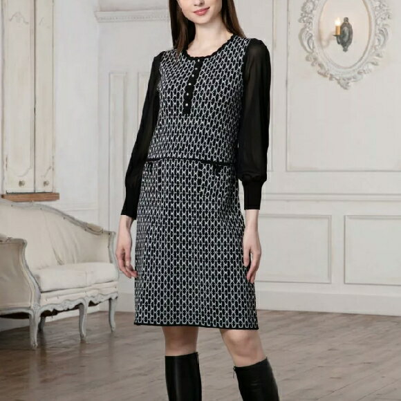 スーパービューティー ワンピース ジャガード編 袖パワーネット ニット 2521007 ネイビー 2025年秋冬 オーラボー 大人かわいい服 大人スタイル キレイメ Super Beauty レディース アパレル 女性 M L LL 30代 40代 50代 60代のサムネイル