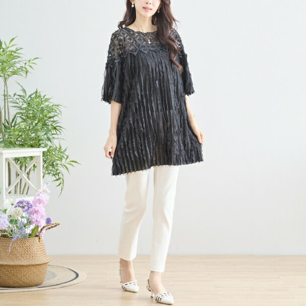 チュニック フラワーレース 切替デザイン N12-735 TRUBE L LL フリー 大人可愛い ミセス fmsd キレイメ 普段着 おしゃれ着 デイリーファッション 大人スタイル 婦人服 可愛い服 30代 40代 50代 60代 洋服 レディース 服