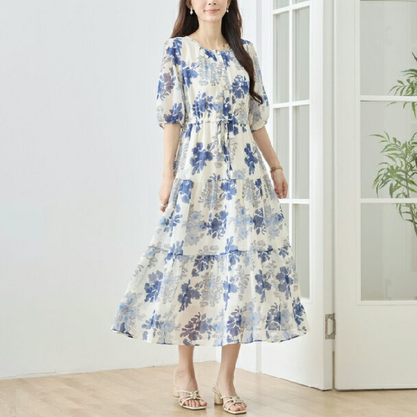Rakuten - ティアードワンピース 花柄 パフスリーブ N82-654 アイボリー TRUBE ミセス M L fmsd ゆったり 体型カバー 大人カジュアル きれいめ 半袖 上品 ミセス 春夏【お買い物マラソンポイントアップ】