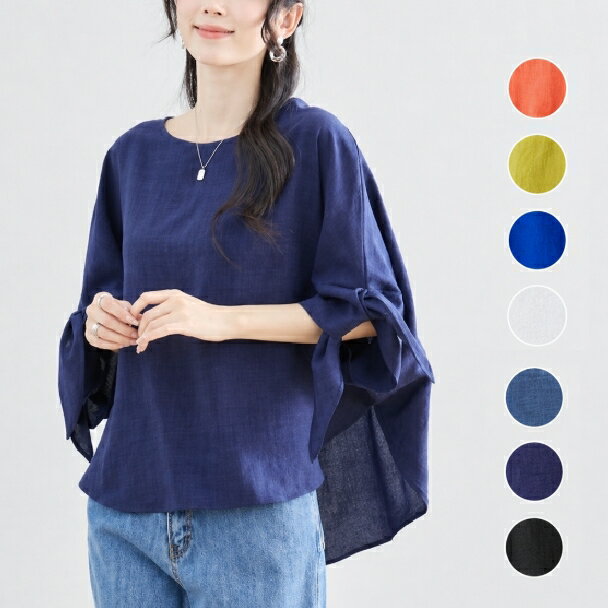 Rakuten - ブラウス カットソー 袖リボン付き バックロングブラウス チュニックカットソー C01-129 TRUBE ミセス M L 体型カバー fmsd ゆったり 上品 ミセス 春夏 エレガント リゾート【お買い物マラソンポイントアップ】