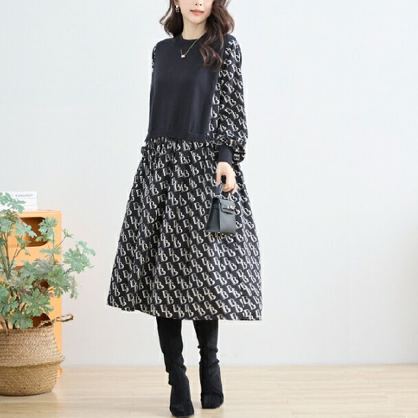 ワンピース 異素材 ドッキング デザイン柄 ワンピ N83-017 TRUBE ブラック M～L 大人可愛い ミセス fmsd キレイメ 普段着 おしゃれ着 アパレル 女性 デイリーファッション レディース 30代 40代 50代 60代 洋服 婦人服 可愛い服 大人スタイル