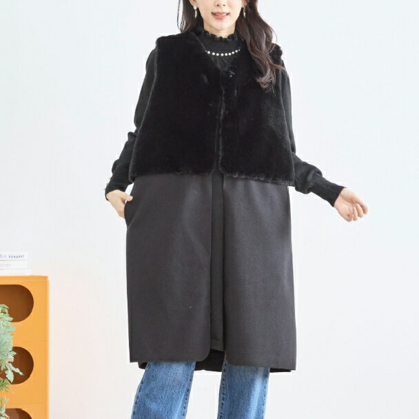 Rakuten - TRUBE ミセス ロング ベスト ファー N32-003 M L 体型カバー ゆったり きれいめ 長袖 ミセス ファッション大人可愛い fmsd 大人スタイル 婦人服 可愛い服 30代 40代 50代 60代 上品【お買い物マラソンポイントアップ】