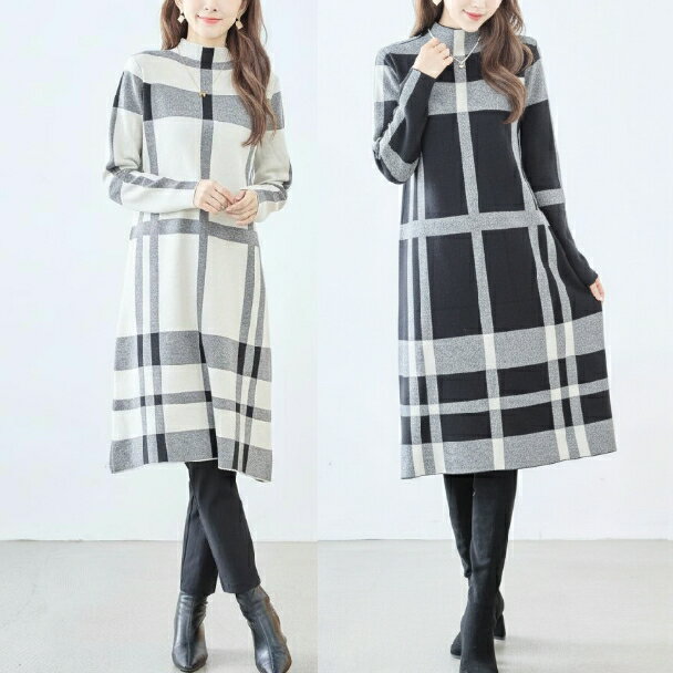 TRUBE ニット ワンピース レディース チェック柄 体型カバー ハイネック 長袖 ゆったり シルエット ミセス 40代 50代 秋冬 R38-236 fmsd エレガント 上品