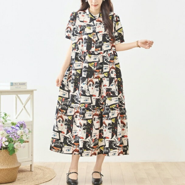 Rakuten - マキシワンピース ポップアートイラスト総柄 バンドカラー N82-624 ブラック TRUBE ミセス M L fmsd 配色ワンピース ゆったり 体型カバー 大人カジュアル きれいめ 半袖 上品 ミセス 春夏【お買い物マラソンポイントアップ】