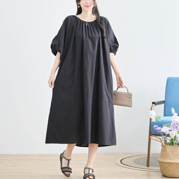 Rakuten - ワンピース ギャザーネック Aライン コットン N83-120 ブラック TRUBE ミセス L LL fmsd ゆったり 体型カバー 大人カジュアル きれいめ 半袖 上品 ミセス 春夏【お買い物マラソンポイントアップ】