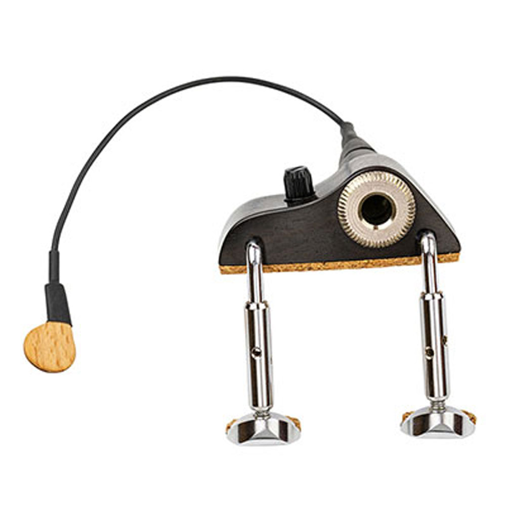 VV-3V Violin/Viola Piezo Portable Pick-up with Volume control ヴァイオリン/ヴィオラ用にデザインした薄型ポータブル・ブリッジ・マウント・ピエゾ・ピックアップに、ヴォリューム・コントロールを備えたVV-3Vが加わりました。 オンボード・スタイルにデザインしたヴォリューム・コントロール！ ステージ上での演奏時にもピックアップの出力調整を簡単に行えます。 ジャック取り付け部は、楽器本体に触れる部分をコルク・パッドで保護しており、また調整可能なクランプ式を採用してますので、安全かつ簡単に取付が行えます。
