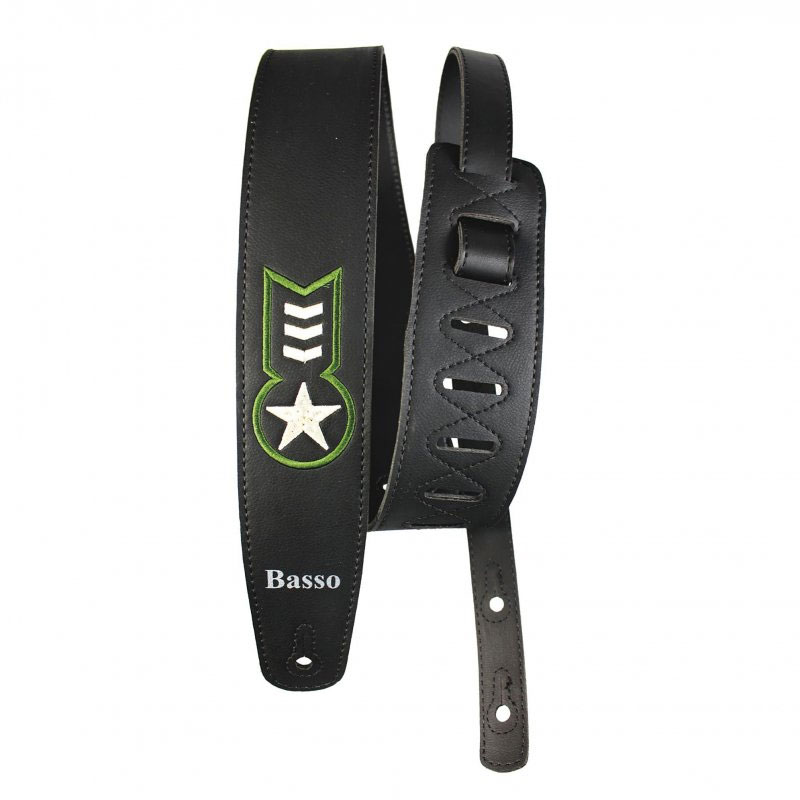Bassoは、レザー生産国世界第2位のブラジルの中で50年以上に渡りレザー商品を世界中に販売。 競争力の激しいビジネスの中で長年に渡って積み上げられた知識と経験により、あらゆるレザー商品の開発を行って成長してまいりました。 Bassoの商品は全てハンドメイドでブラジル産に拘りを持って上質の商品を手掛けており、今や世界中に愛好家を持つ人気ブランドです。 Basso EmbroideredArmy VT L 素材はシンセティックレザーで、ストラップ部の汗の吸収を防ぎ、ミュージシャンの肩の上で滑るように動きます。 ギターやアコースティックギター、ベースとの相性も抜群です。 楽器の重さを肩に均等に分散するように設計されています。 幅は6.0CM、長さは0.92〜1.45メートルの間で調節可能です。。 サイズ　幅:　約60、MAX: 約1450、MIN: 約920