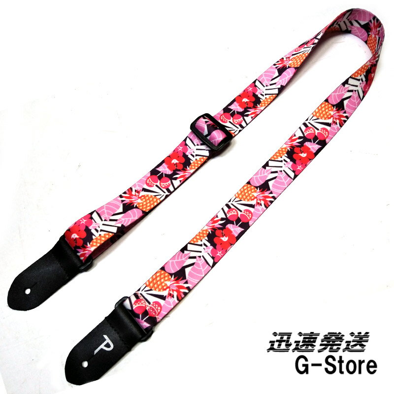 Perri's FWS15-7130 リーフ＆パイナップル柄 ピンク ウクレレストラップ 1.5inch FABRIC UKULELE STRAP - PINK LEAVES ペリーズ