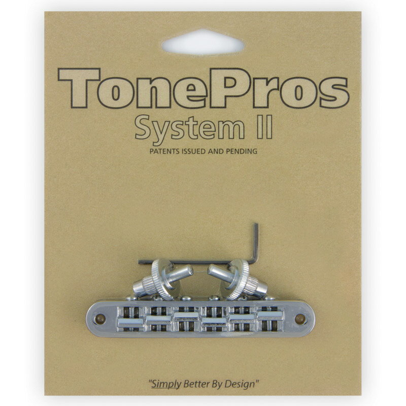ToneProsは初心者からトップのプロまで、エレキギターのブリッジの共通の問題を解決し、音質を改善することを目標に1998年に設立されました。 ギターの弦高・イントネーションを調整後、System IIブリッジ、テールピースで固定することでサステインと音質が向上し、弦を張り替えた後も同じセッティングを保つことが出来ます。 GIBSONをはじめ多くのギターブランドがToneProsを採用しています。 フォトギャラリーに掲載された使用しているギターリストをはじめ、世界中で活躍するプレーヤーが使用していることが、その信頼性を語っていると言えるでしょう。 TP6は、ナッシュビル・スモール・ポスト・タイプのTOM(Tune-O-matic)ブリッジです。 多くのアメリカ製のギターに搭載可能なブリッジです。サドルは溝加工無し仕様になっています。 弦高、イントネーション調整後、ブリッジ本体とスタッドをイモネジで固定する独自の《SystemII》構造により、ブリッジのがたつきがなくなり弦の振動をしっかりボディーに伝え、イントネーション、サスティンが向上します。 またブリッジが固定されている事で、弦交換の際ブリッジが外れる事がなく弦交換前のイントネーション、弦高が保たれます。 【注意点】 図面を参照し、サイズを確認して下さい。 ToneProsをギター本体へ加工無しで取り付けができない場合は、お近くの楽器店、リペアショップ等にご相談して頂くようお願い致します。 無理に交換・取り付けをすることによって、ギターに損傷・故障、また思わぬ怪我をする場合があります。 このような場合による破損等の保証はお受け出来ませんのでご了承くださいませ。 【仕様】 Radius：約304.8mm / 12” ※1弦ー6弦のサドルのR Saddle material：Zamak ※亜鉛に，約4％のアルミニウムと，少量の銅，微量のマグネシウムを添加した亜鉛合金 Wrench：1.5mm