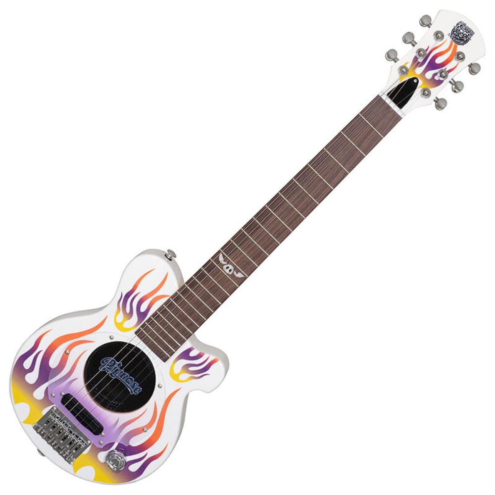 ピグノーズ・アンプのコンセプトを受け継いだユニークかつ実用的なコンパクトギター Body: Basswood Neck: Maple, Bolt-on Fingerboard: Rosewood Frets: 22 F Scale: 610 mm Pickup: Original Mini Humbucking Control: Volume w/push-pull power switch (built-in Micro Amplifier) Speaker: 10cm Full range Jacks: Output, Headphone (Mini Jack) Battery: 9V (006P9V) Tailpiece: Fixed Bridge Hardware: Chrome