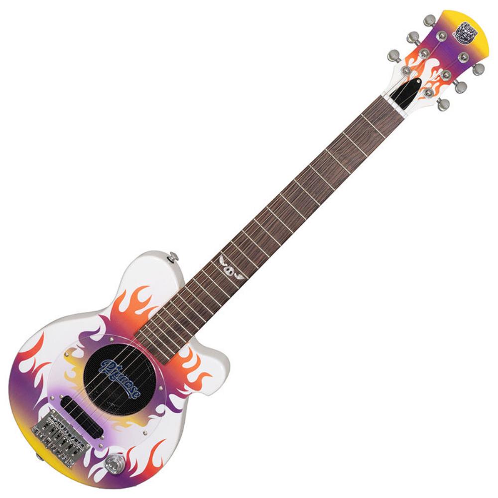 ピグノーズ・アンプのコンセプトを受け継いだユニークかつ実用的なコンパクトギター Body: Basswood Neck: Maple, Bolt-on Fingerboard: Rosewood Frets: 22 F Scale: 610 mm Pickup: Original Mini Humbucking Control: Volume w/push-pull power switch (built-in Micro Amplifier) Speaker: 10cm Full range Jacks: Output, Headphone (Mini Jack) Battery: 9V (006P9V) Tailpiece: Fixed Bridge Hardware: Chrome