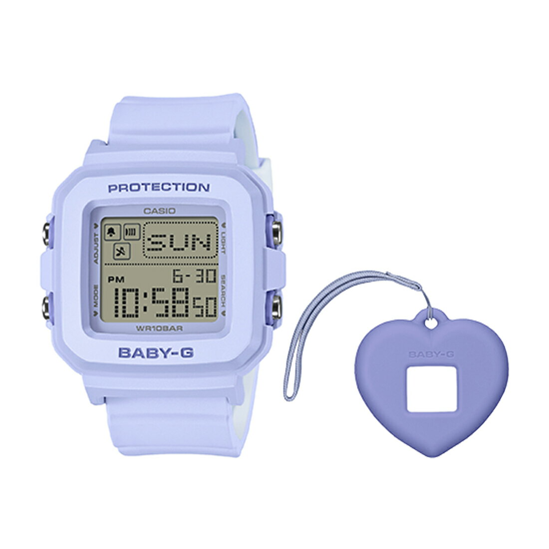 品番（形番） BGD-10KH-2BJR テーマ名 BABY-G＋PLUS カラー ケース ブラック 文字盤（ダイヤル） - ベゼル ブラック バンド ブラック 駆動方式（ムーブメント） クオーツ 素材 ケース 樹脂 バンド 樹脂 風防（ガラス） 無機ガラス 防水性 10気圧防水 その他 ■商品説明■ 自分の好みに合わせて使い方が楽しめる「BABY-G＋PLUS」シリーズから、ハート型の時計ホルダーを採用したポップなモデルです。手首に着けるだけでなく専用ホルダーにセンターケースをセットすれば、ユニークなチャームとしても活躍します。 時計本体・ホルダー共にマット調のフレッシュなパステルカラーを採用した、キュートなデザインです。シリコーンの時計ホルダーはシールやデコレーションで自分仕様にアレンジも可能です。また、ライトを点灯すると液晶に可愛いハートが浮かび上がり、フェイスを楽しく演出します。 耐衝撃構造はもちろん、10気圧防水機能も備えており、実用性も兼備しています。 ※ デコレーションはお客様ご自身の責任でお願いいたします。 ※ストラップ付専用ホルダーについて 直射日光の当たる場所、高温多湿となる場所は避けて保管してください。金属製ストラップを装着すると、ストラップホールが破損する場合があります。 ■主な特徴・機能■ ●耐衝撃構造 ●10気圧防水機能 ●ワールドタイム：世界30都市（29タイムゾーン）の時刻表示、サマータイム設定機能付き ●ストップウオッチ（1/100秒、24時間計、スプリット付き） ●タイマー（セット単位：1分、最大セット：24時間、1秒単位で計測） ●時刻アラーム5本・時報 ●フルオートカレンダー ●12/24時間制表示切替 ●操作音ON/OFF切替機能 ● LEDバックライト（スーパーイルミネーター、残照機能付き） ●電池寿命約3年 ※掲載商品の色調は、一部実物と異なる場合があります。 サイズ・重さ サイズ（H×W×D） 42.8×39×14.7(mm) 質量 約33g メーカー保証 1年間