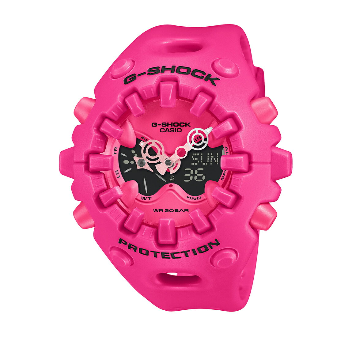 品番（形番） GA-V01-4AJF テーマ名 - カラー ケース ピンク 文字盤（ダイヤル） ピンク ベゼル ピンク バンド ピンク 駆動方式（ムーブメント） クオーツ 素材 ケース 樹脂 バンド 樹脂 風防（ガラス） 無機ガラス 防水性 20気圧防水（日常生活強化用防水） その他 ■商品説明■ タフネスを追求し進化を続けるG-SHOCKから、構造とデザインにこだわったシリーズのご紹介です。エッジの効いたパーツを組み合わせた有機的な外装フォルムや、大型の全面液晶、さらに新開発のショックリリース針など、今までの常識を覆す斬新な発想で、G-SHOCKのアイデンティティである「強さ」を形にしています。モジュールを保護するセンターケースは、ベゼルとバンドが一体となった外装パーツでカバーされています。大型の立体インデックスをガラス上面に配置することで、衝撃を緩和するバンパーの役割も果たしています。これにより、G-SHOCK独自の耐衝撃性能を維持しつつ、ユニークで力強い外装デザインを実現しました。衝撃の影響を受けやすい針をシャフトに固定せず、磁石の力で取り付けるマグネティックホールディング構造を開発しました。この構造で取り付けたショックリリース針（分針）は、磁力で固定されているため、受けた衝撃を受け流すことができます。本構造を採用することで、針の大型化やデザインの自由度を上げることが可能になりました。※ 磁力で固定される構造のため、衝撃や振動で分針が揺れることがあります。また、衝撃や振動が加わった直後、および強い磁気にさらされた際は、一時的に分針がずれる場合がありますが、数分以内に正しい位置に戻ります。アナログ・デジタルコンビネーションタイプのフェイスには、オープンワーク（透かしの部分を作る技法）を施したダイアルとフルスクリーンLCDのレイヤー構造を採用しています。センターには異形タイプの時分針、液晶内には小針を配置し、斬新なデザインに仕上げています。今回新たにマットな質感が印象的なゴールド、カラフルでポップなピンクとホワイトの3色がラインアップに加わりました。大容量電池の採用と低消費電力化により、アラームやライトなどの機能を搭載しながら、約10年の電池寿命を実現したモデルです。 ■仕様■ ・耐衝撃構造 ・20 気圧防水機能 ・針退避機能（針が液晶表示と重なって見づらいときは、針を液晶表示の上から一時的に退避させることができます） ・ワールドタイム：世界48 都市（31 タイムゾーン、サマータイム設定機能付き）＋ UTC（協定世界時）の時刻表示 ・ストップウオッチ（1/100 秒（1 時間未満）/1 秒（1 時間以上）、24 時間計、スプリット付き） ・タイマー（セット単位：1 秒、最大セット：24 時間、1 秒単位で計測） ・時刻アラーム5 本・時報 ・フルオートカレンダー ・12/24 時間制表示切替 ・操作音ON/OFF 切替機能 ・ダブルLED ライト：文字板用LED ライト（スーパーイルミネーター、残照機能、残照時間切替（1.5 秒/3 秒）付き）、LCD 部用LED バックライト（スーパーイルミネーター、残照機能、残照時間切替（1.5 秒/3 秒）付き） ・電池寿命約10 年 ※ 掲載商品の色調は、一部実物と異なる場合があります。 サイズ・重さ サイズ（H×W×D） 58.2×49.1×19.6(mm) 質量 約74g メーカー保証 1年間