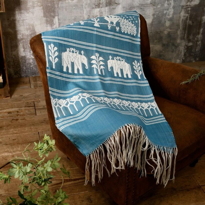 ショール 大判 青緑 ゾウ&クジャク 完全手織り ソファ掛け ホームデコレーション ストール 個性的 手作り 伝統 インテリア 空間デザイン 装飾品 おしゃれ ...