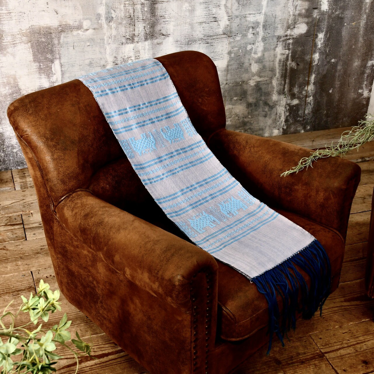 テーブルランナー アジアン ストール ゾウ柄 ブルー&グレー 完全手織り テーブルデコ ソファ掛け ホームデコ 個性的 手作り モダン インテリア 空間デザイン...